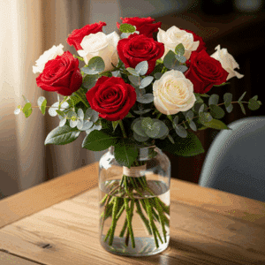 Bérénice - Bouquet de roses rouges et blanches.