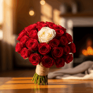 Bernadette - Bouquet rond de roses rouges et une blanche solitaire