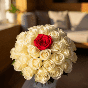 Bertha - Bouquet rond de roses blanches et une rouge solitaire.