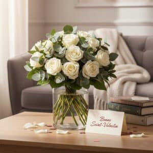 Fleurs Saint Valentin - Benoîte - Bouquet rond de roses blanches.