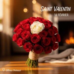 Fleurs Saint Valentin -Bernadette - Bouquet rond de roses rouges et une blanche solitaire.