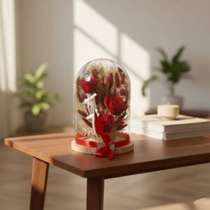 Saint Valentin : sous cloche, trio de roses rouges éternelles.