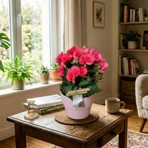 Bégonia rose fleuri dans un cache-pot en céramique, préparé par votre fleuriste à Boulogne-sur-Mer avec livraison assurée.
