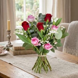 Muguet - Bouquet lié avec roses rouges et roses