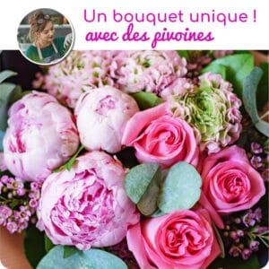 - Rose, un bouquet avec des pivoines.