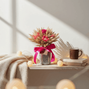 Vichy : bouquet de fleurs séchées avec vase.