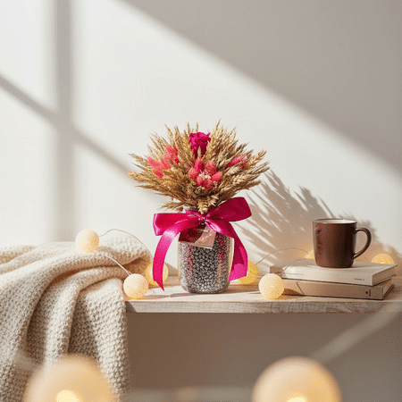 Vichy : bouquet de fleurs séchées avec vase.