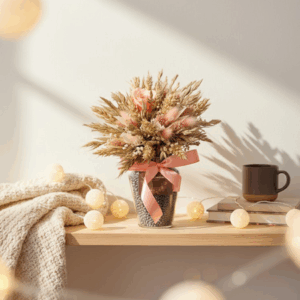 Villedieu : bouquet de fleurs séchées avec vase.