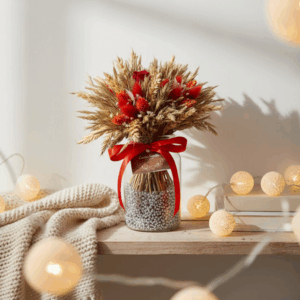 Vias : bouquet de fleurs séchées avec vase.