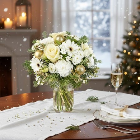 Bouquet du fleuriste - Tons blancs et boules décoratives- "Spécial Noël"