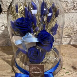 Bleu : cloche 22 x 30 de fleurs séchées avec roses lyophilisées