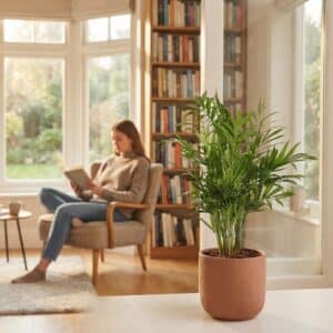 Palmier Chamaedorea dans un salon lumineux avec une femme lisant un livre, proposé par votre fleuriste à Boulogne-sur-Mer.