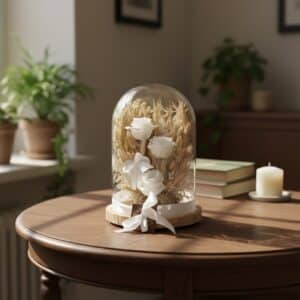 Blanc : cloche 22 x 30 de fleurs séchées avec roses lyophilisées