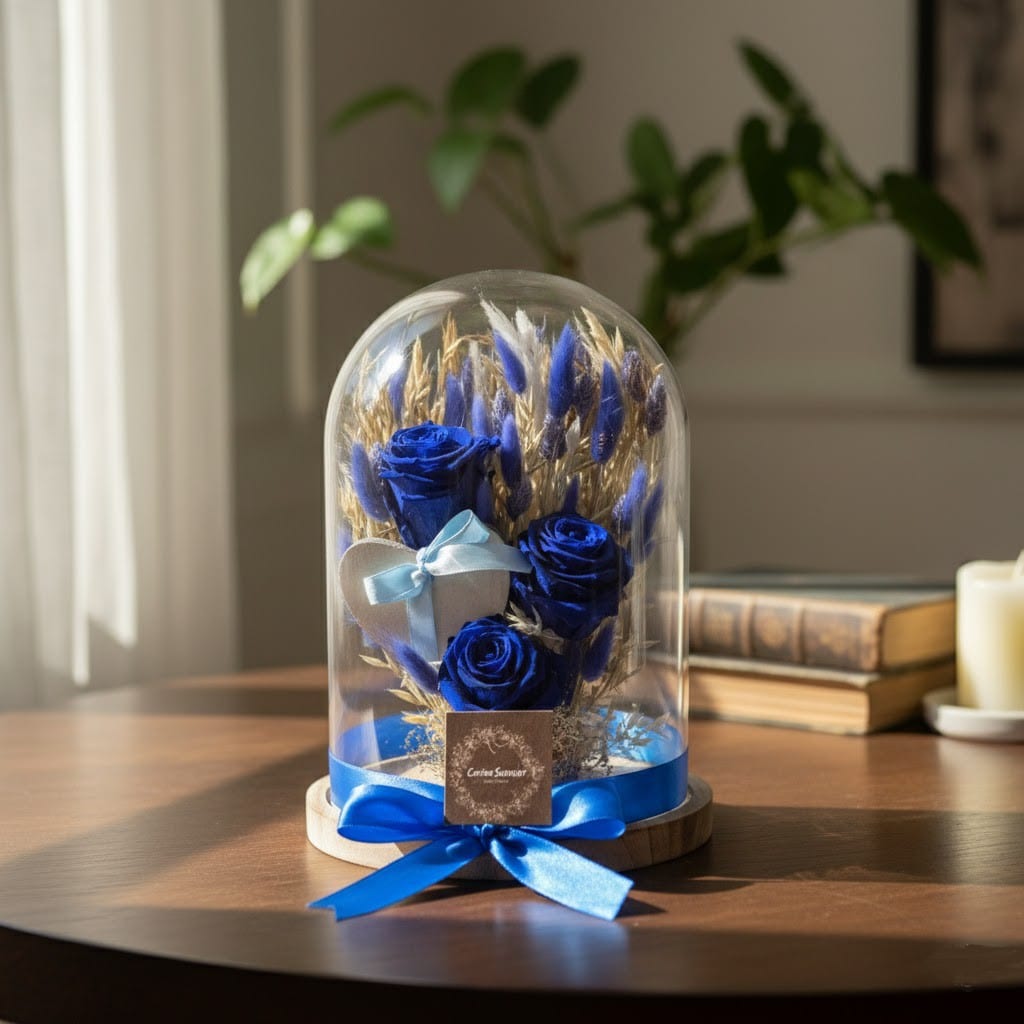 Bleu : cloche 22 x 30 de fleurs séchées avec roses lyophilisées
