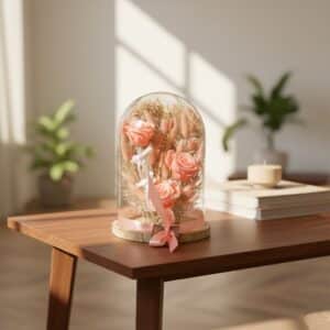 Rose pâle : cloche 22 x 30 de fleurs séchées avec roses lyophilisées
