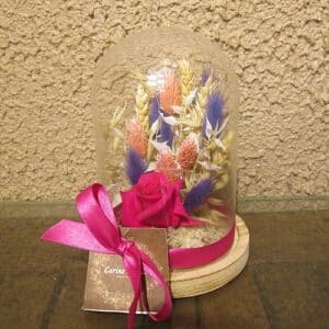 Rose fuschia : cloche 12 x 16 de fleurs séchées avec rose lyophilisée