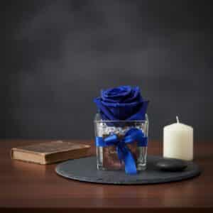 Bleu : rose bleue dans une verrerie