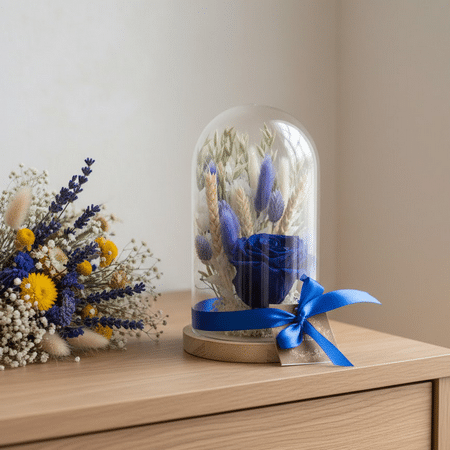 Bleu : cloche 14 x 27 de fleurs séchées avec rose lyophilisée