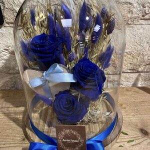 Bleu : cloche 22 x 30 de fleurs séchées avec roses lyophilisées