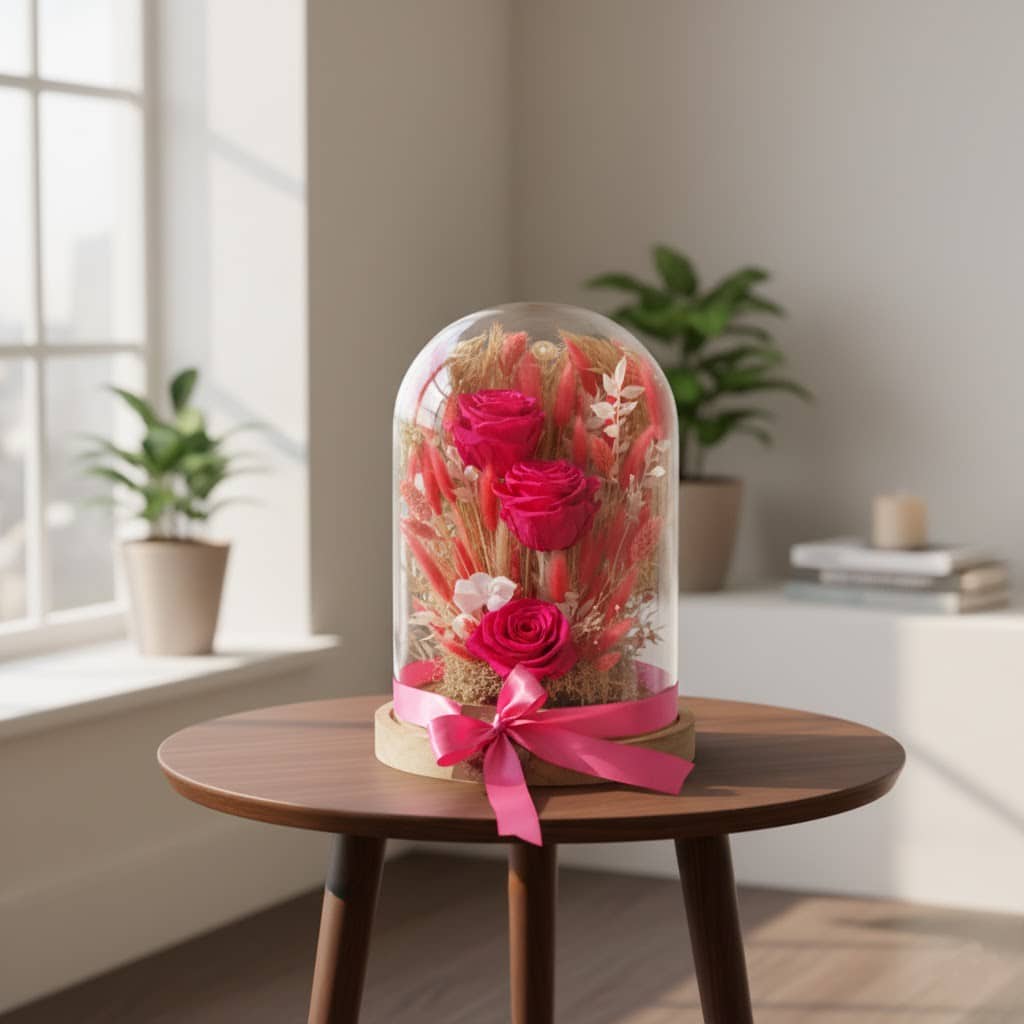 Rose vif : cloche 22 x 30 de fleurs séchées avec roses lyophilisées