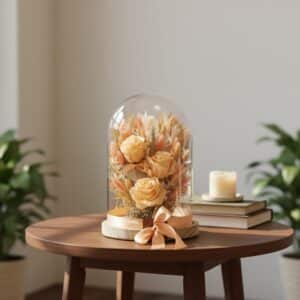 Saumon : cloche 22 x 30 de fleurs séchées avec roses lyophilisées.