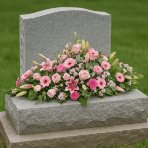 Mireille - Raquette de deuil en fleurs dans les tons de rose.