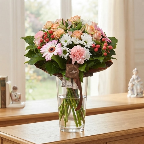 Bouquet de fleurs variées composé de roses pêche, de marguerites blanches, d'œillets roses et de baies rouges dans un vase en verre, par votre fleuriste à Boulogne-sur-Mer