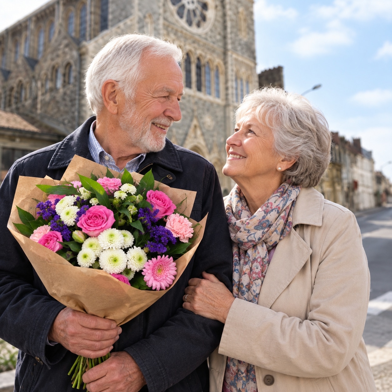 Bouquet de fleurs roses et violettes devant l'église Saint-François-de-Sales à Bréquerecque, Boulogne-sur-Mer