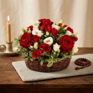 Gilbert - Assemblage de fleurs - Rouge et Blanc (Avec ou sans ruban deuil)