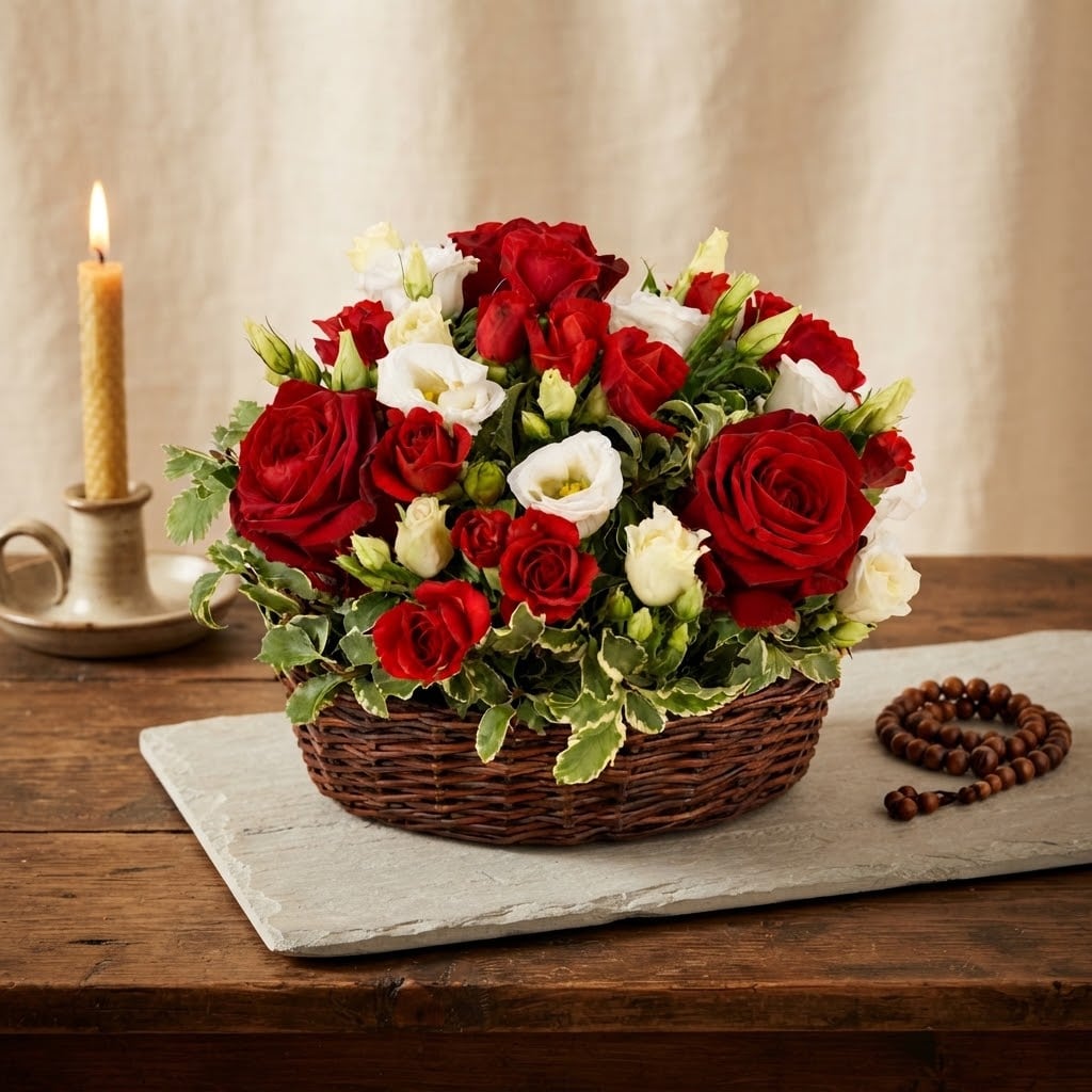 Gilbert - Assemblage de fleurs - Rouge et Blanc (Avec ou sans ruban deuil)