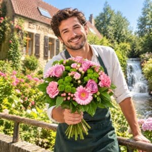 Un fleuriste présente un bouquet de fleurs rond et coloré, mêlant des roses, des germinis et des œillets dans des nuances de rose, rehaussés par du feuillage et de santinis verts. Il se tient devantla cascade de la vallée du Denacre à Wimille