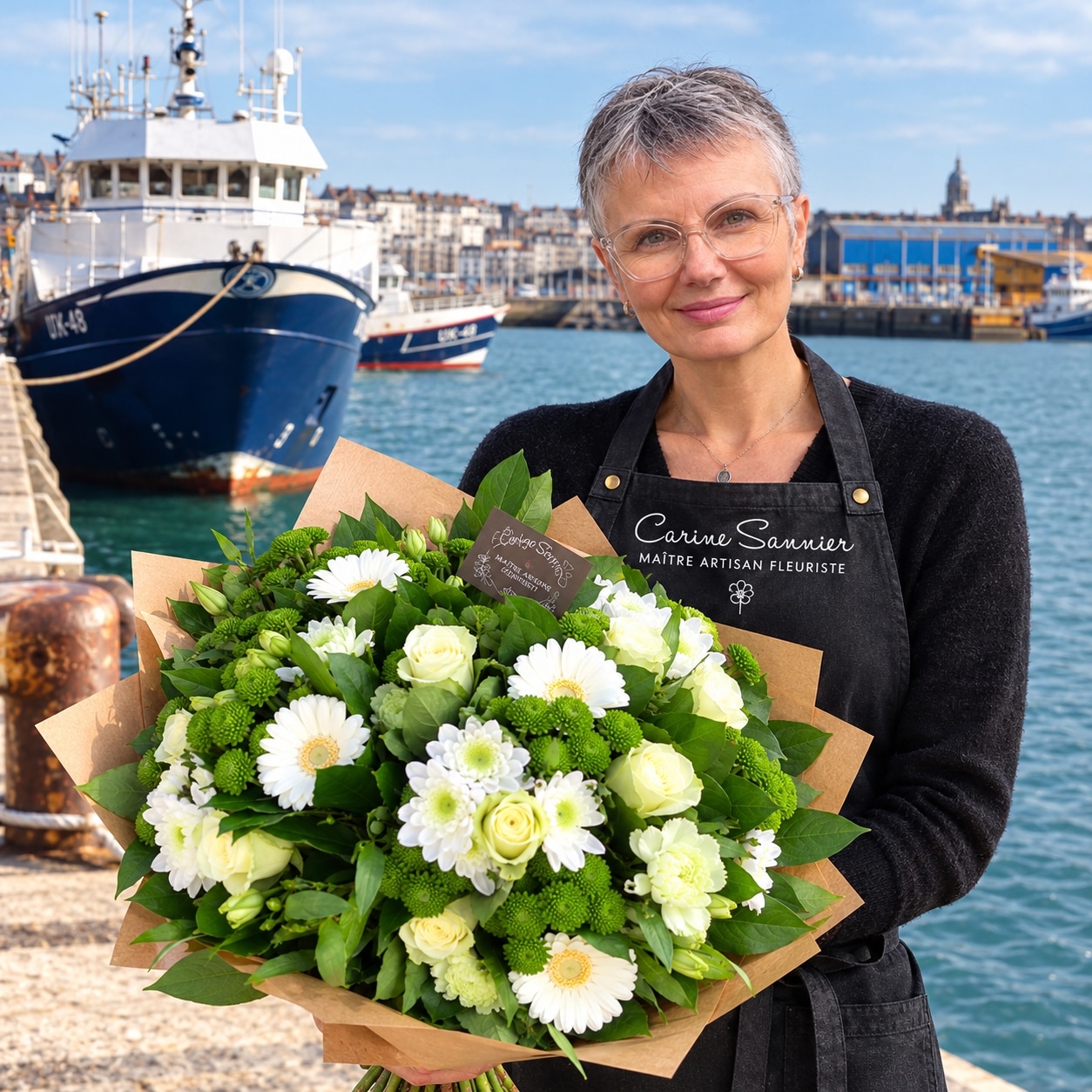 Sur le quai du port de pêche de Boulogne-sur-Mer, la fleuriste Carine Sannier, maître artisan, présente un volumineux bouquet composé de fleurs blanches et de touches verdoyantes enveloppé de papier kraft, avec les chalutiers et la ville en arrière-plan