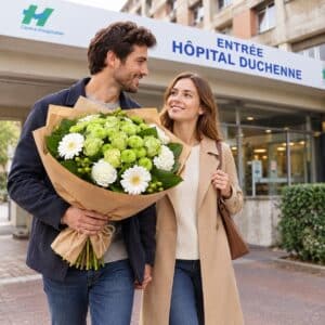 Laissez-vous séduire par ce magnifique bouquet aux tonalités vert tendre et blanc, une composition élégante et lumineuse qui évoque la fraîcheur, la douceur et la sérénité.